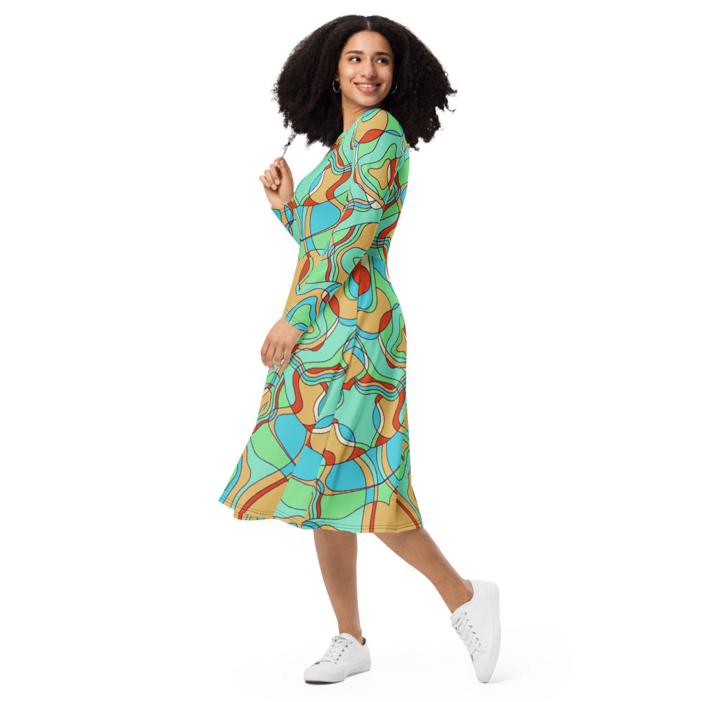 All-over print long sleeve midi dress 379kl2