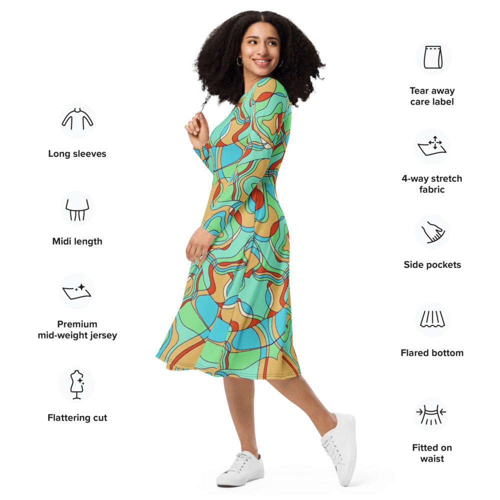 All-over print long sleeve midi dress 379kl2