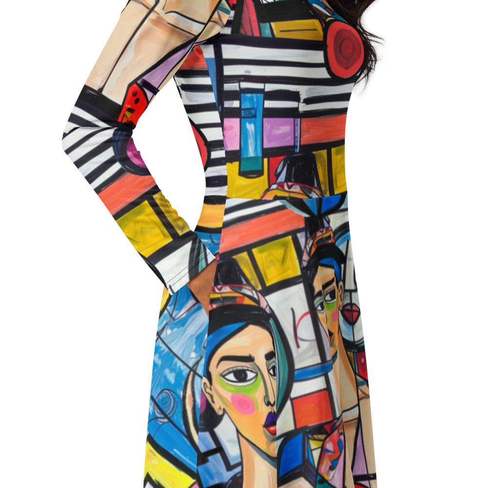 All-over print long sleeve midi dress 207B