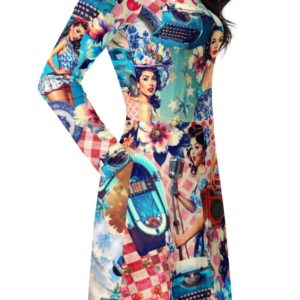 All-over print long sleeve midi dress 221