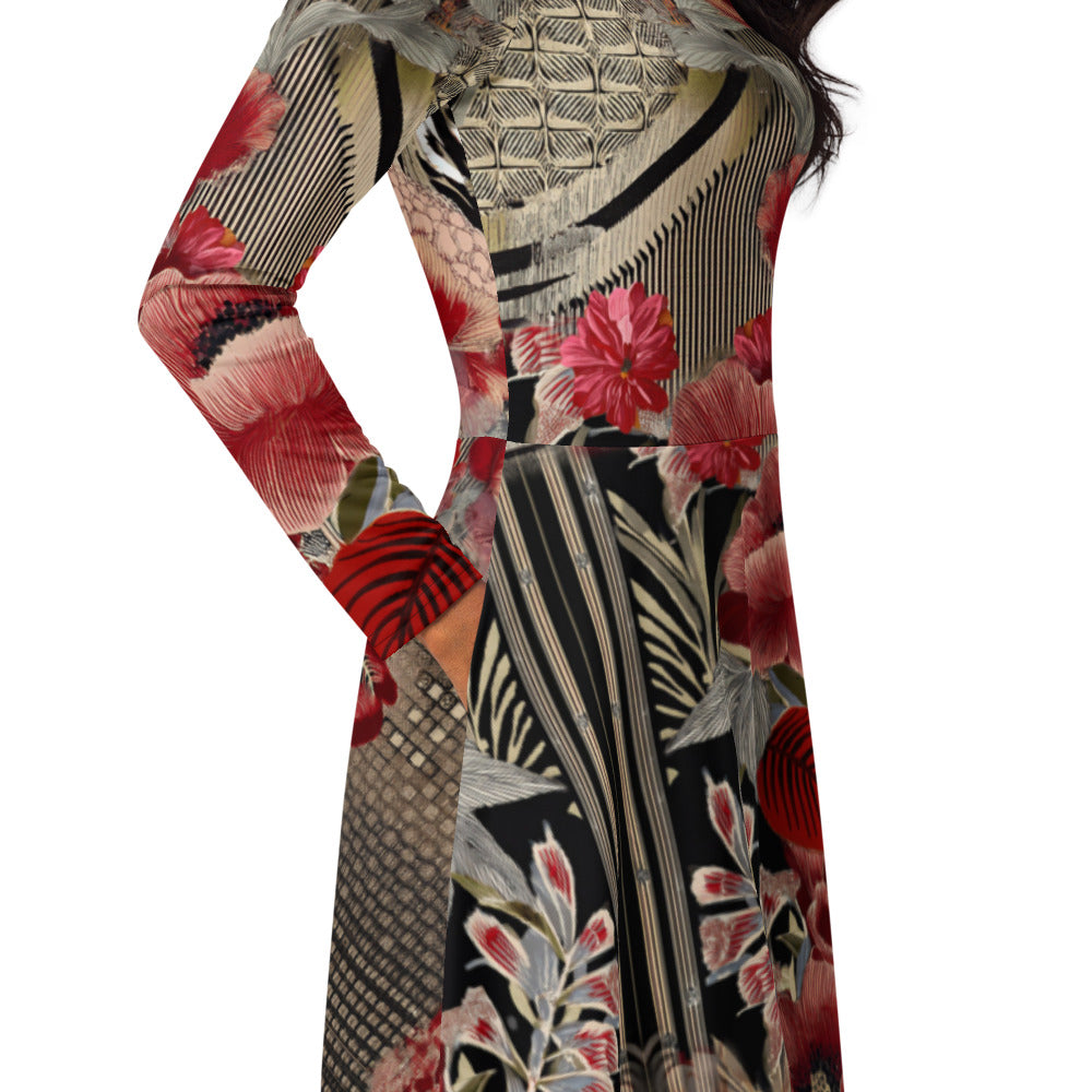 All-over print long sleeve midi dress 216