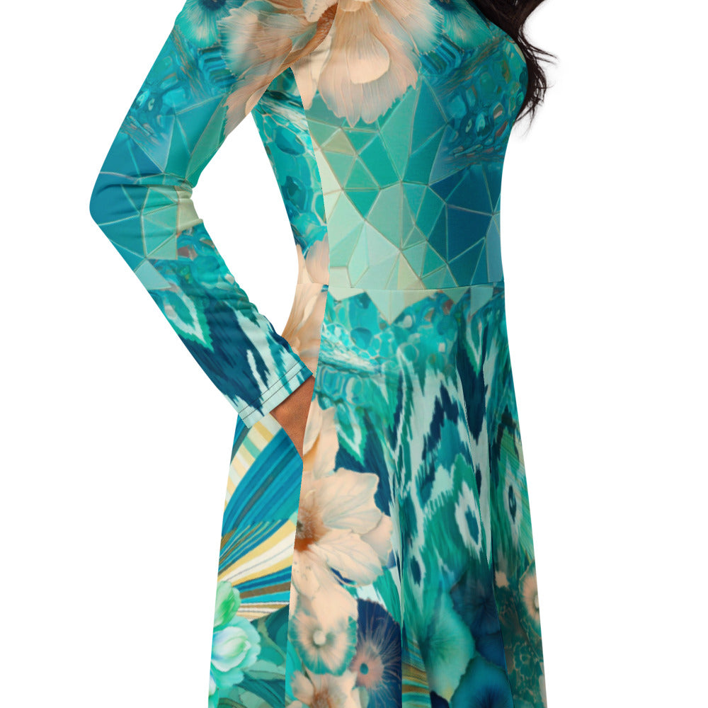 All-over print long sleeve midi dress 162B