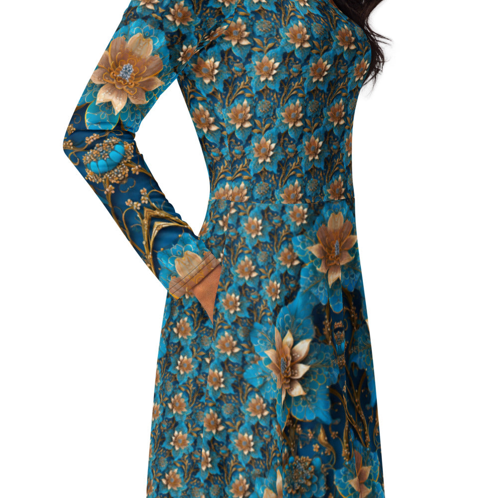 All-over print long sleeve midi dress 59B