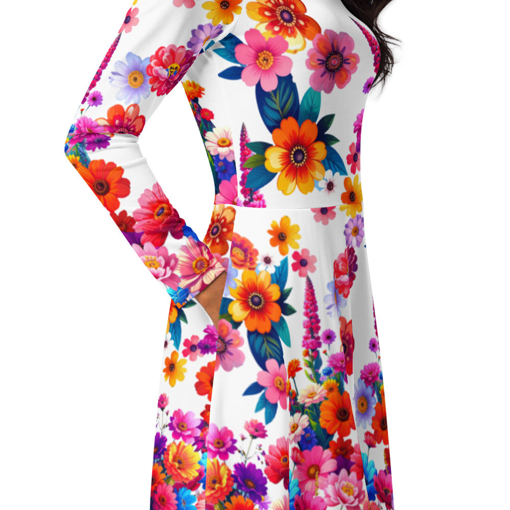 All-over print long sleeve midi dress 243