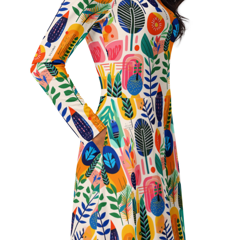 All-over print long sleeve midi dress 254B