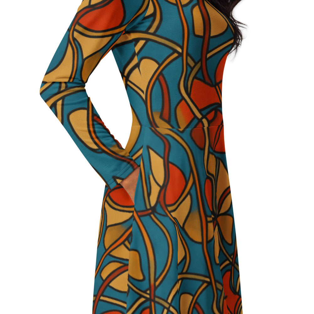 All-over print long sleeve midi dress 256A