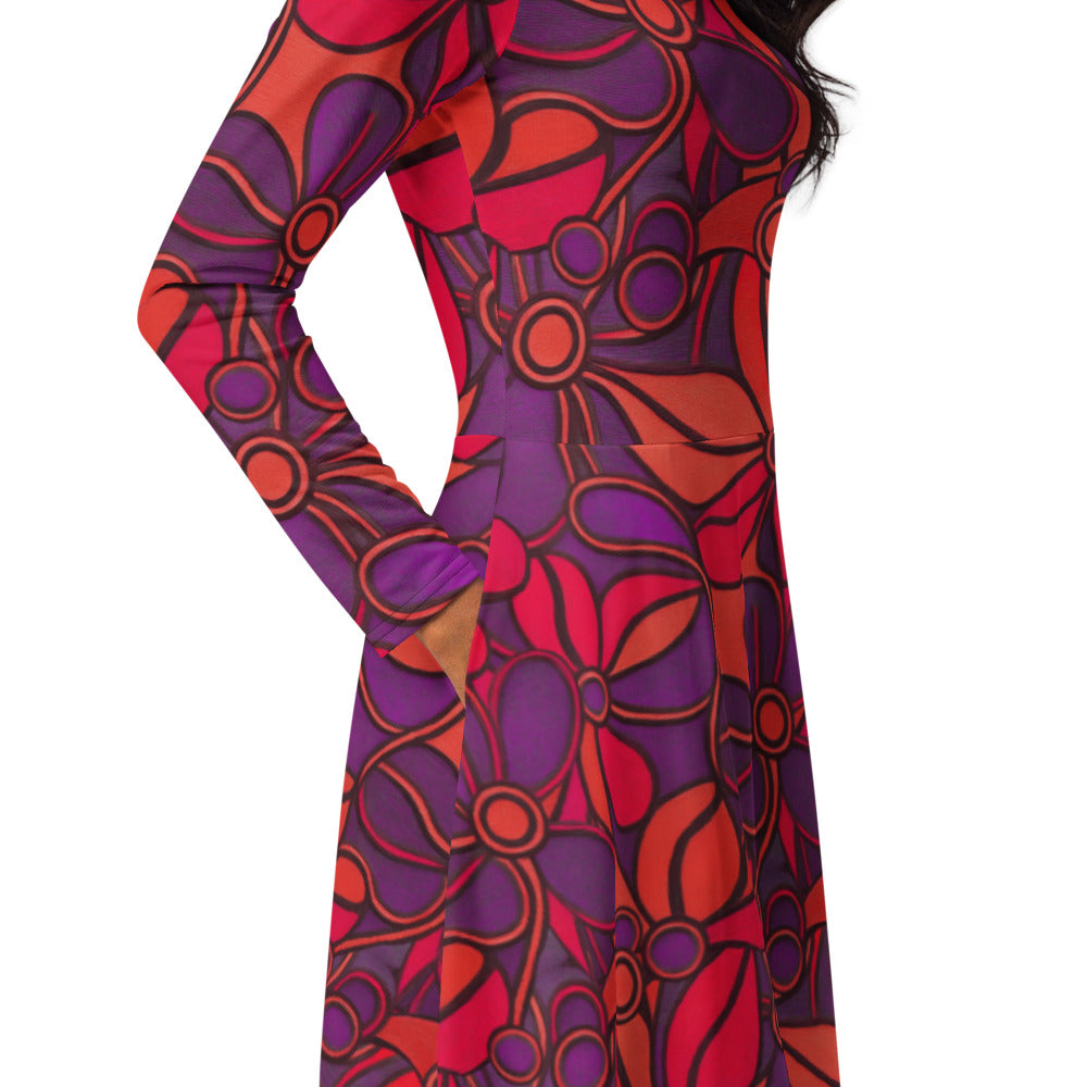 All-over print long sleeve midi dress 257kl4