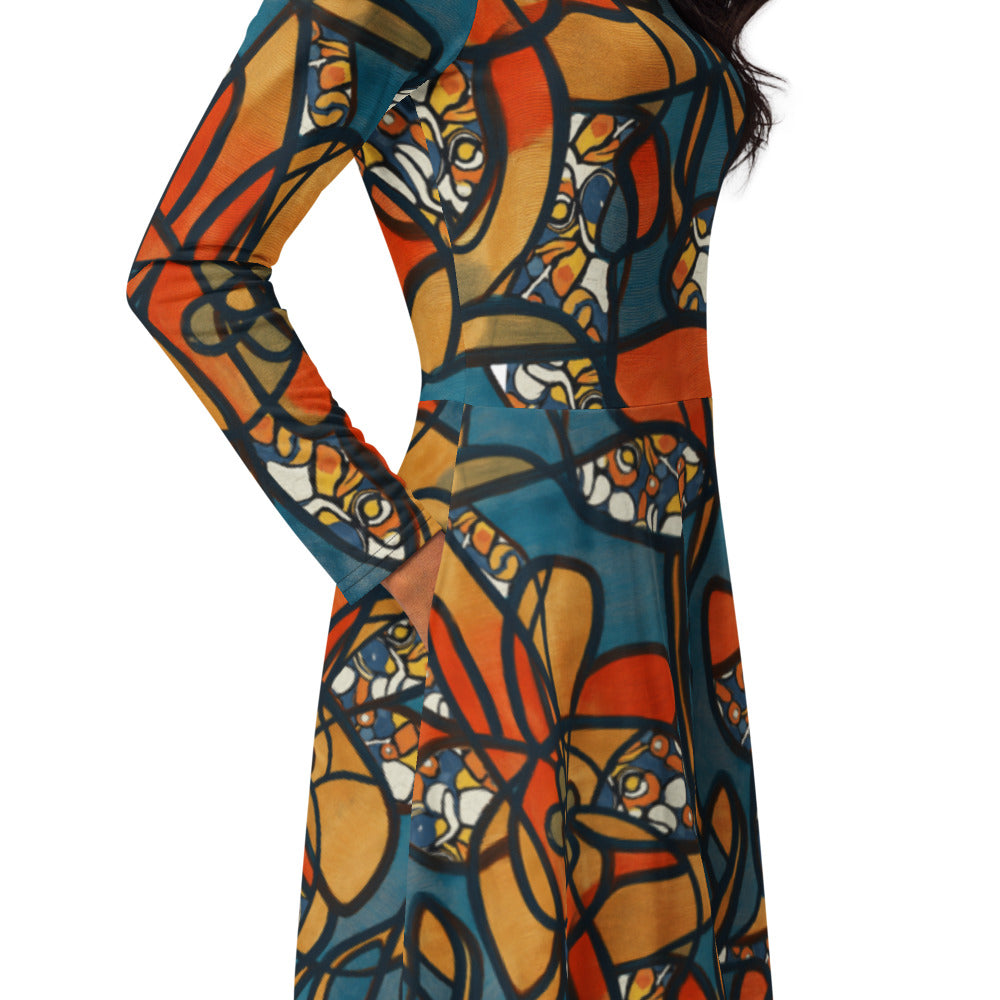 All-over print long sleeve midi dress 261B