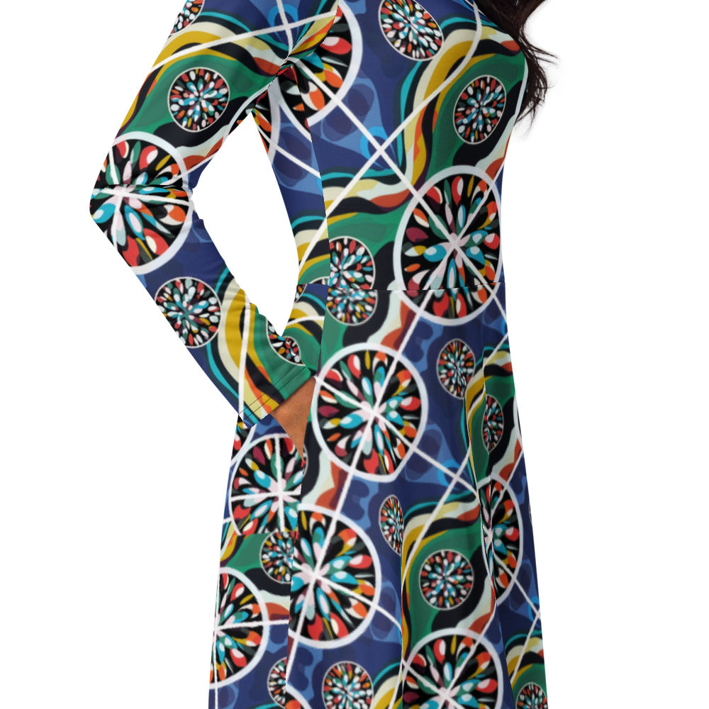 All-over print long sleeve midi dress 260B