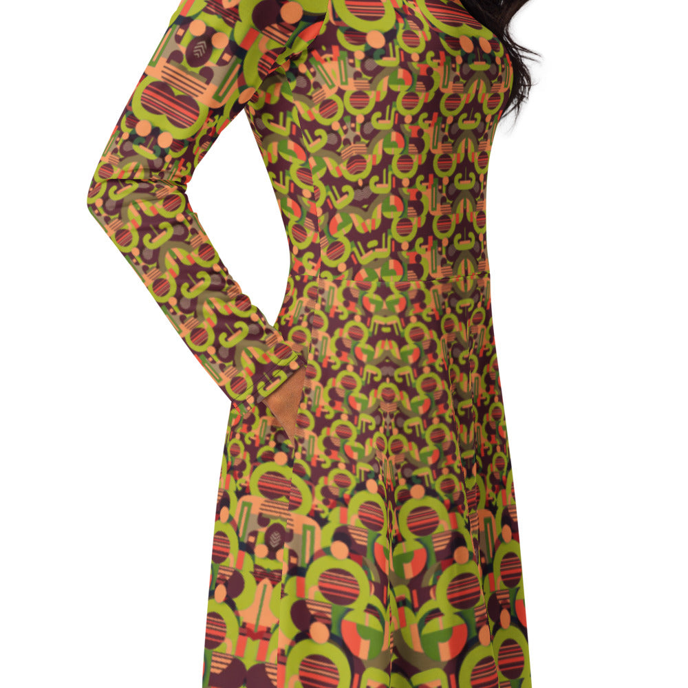 All-over print long sleeve midi dress 280B2