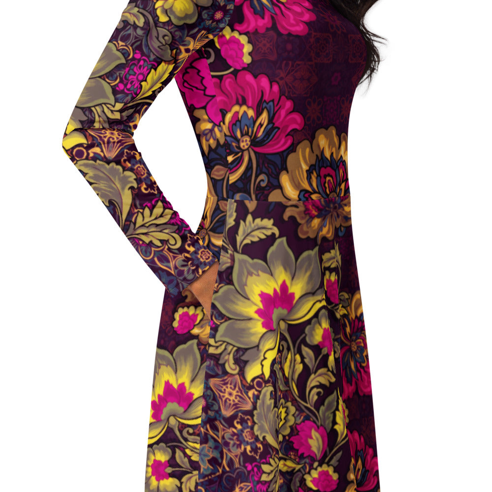 All-over print long sleeve midi dress 282