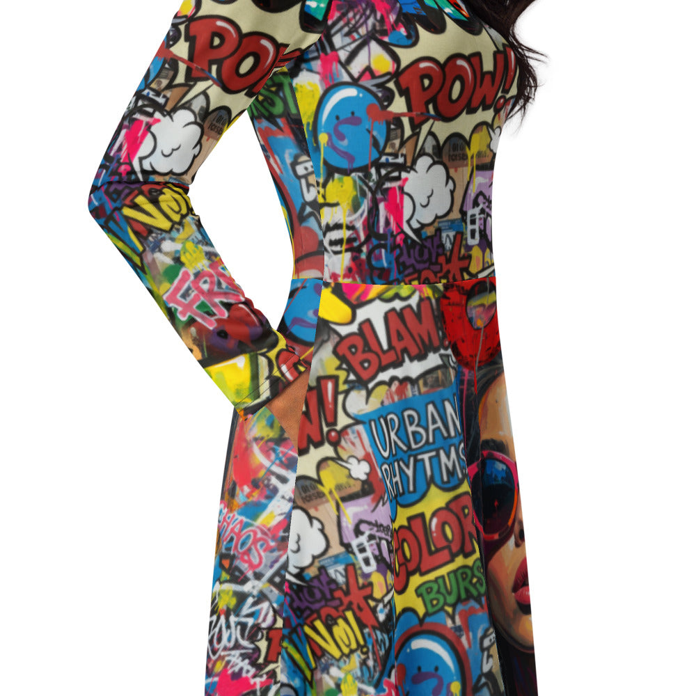 All-over print long sleeve midi dress 279