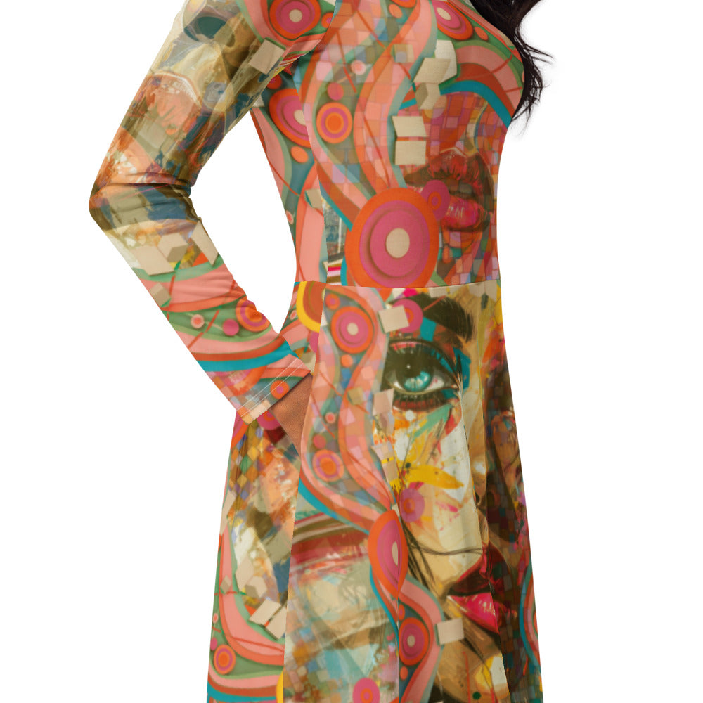 All-over print long sleeve midi dress 288Bkl2