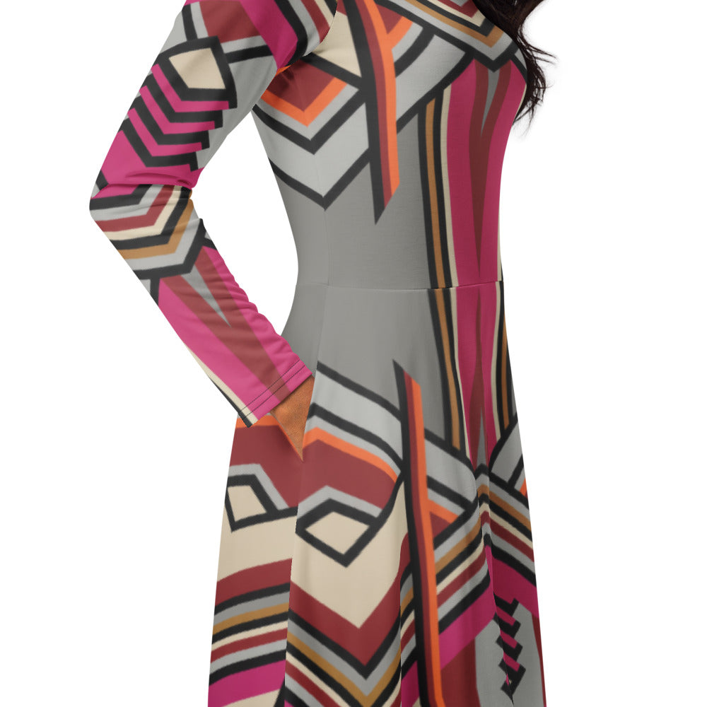 All-over print long sleeve midi dress 298C2