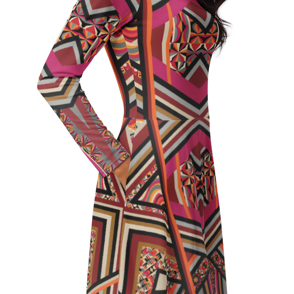 All-over print long sleeve midi dress 298