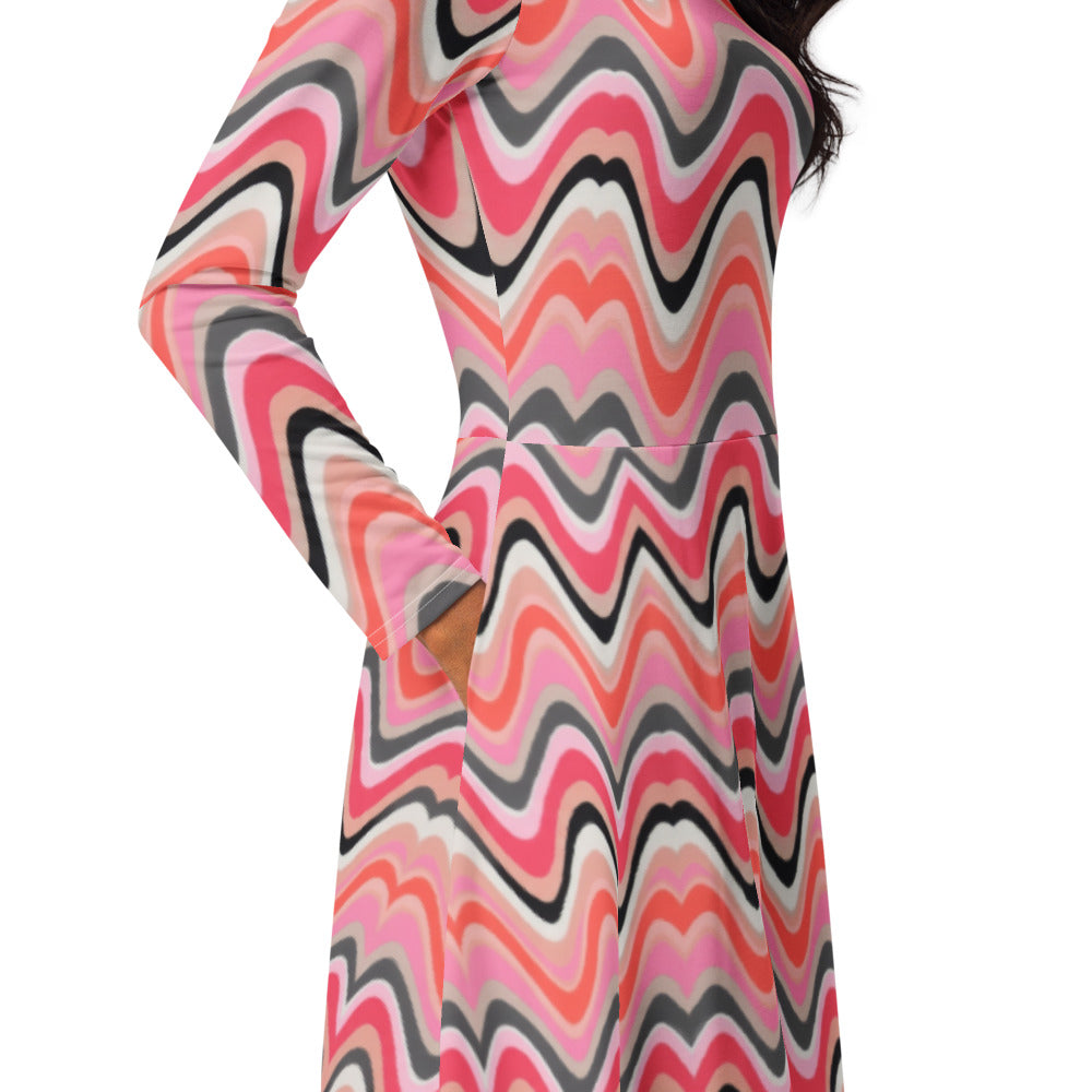 All-over print long sleeve midi dress 299