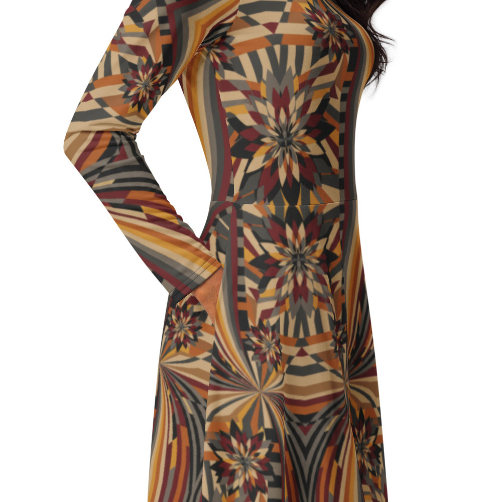 All-over print long sleeve midi dress 303kl1