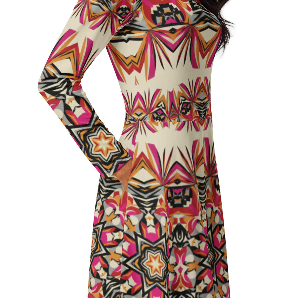 All-over print long sleeve midi dress 301Bkl1