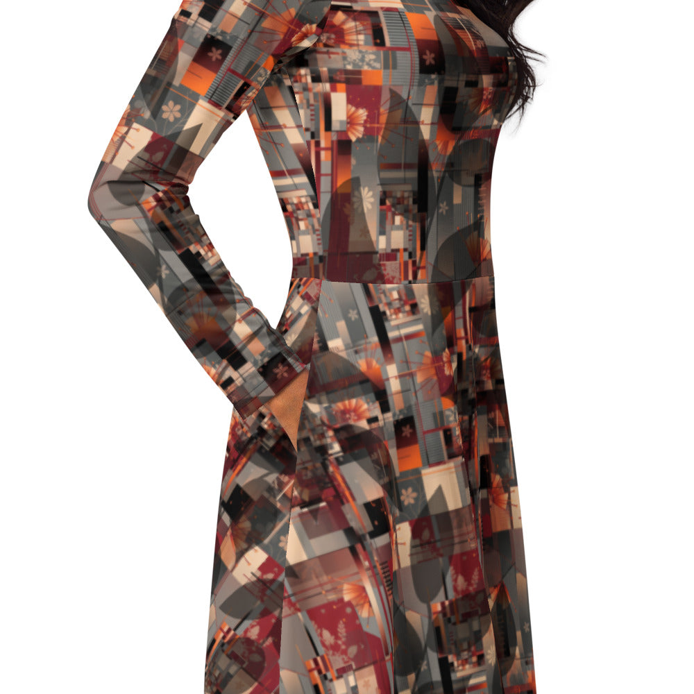 All-over print long sleeve midi dress 305B