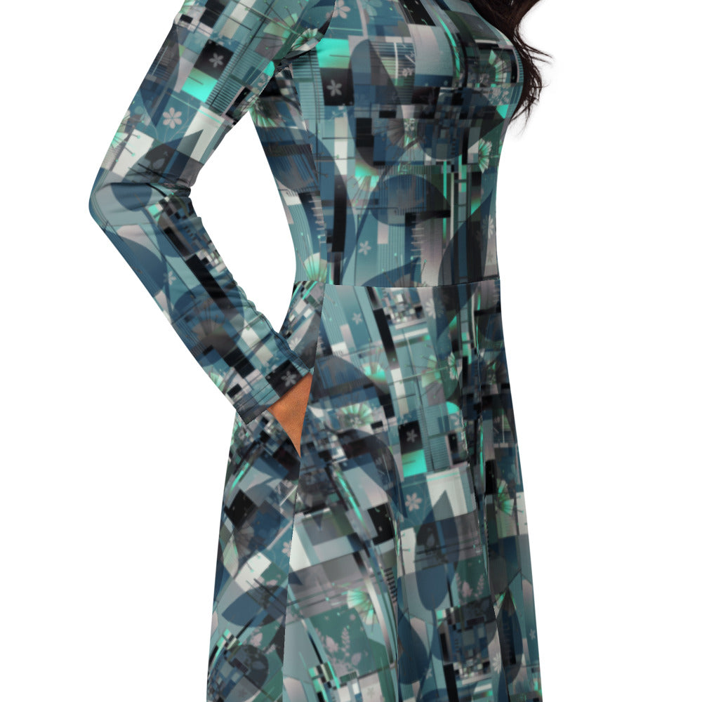 All-over print long sleeve midi dress 305Bkl2
