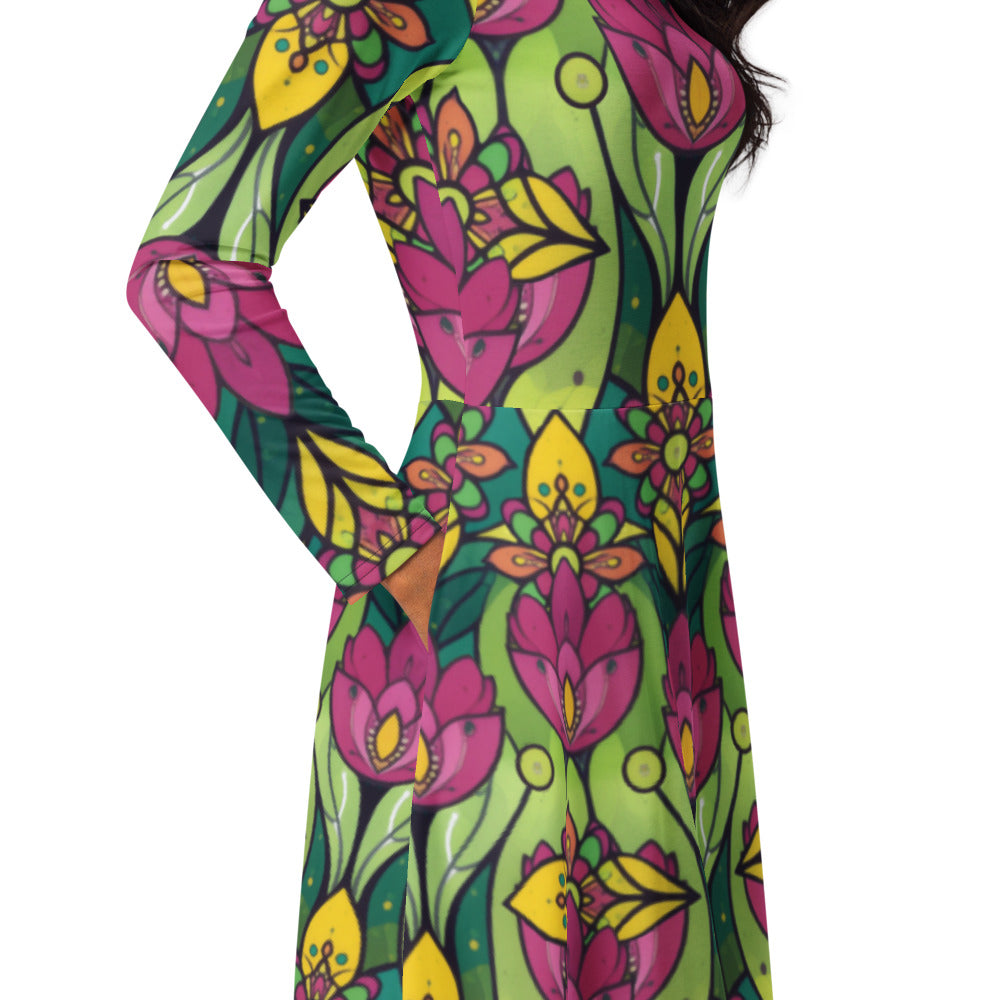 All-over print long sleeve midi dress 286