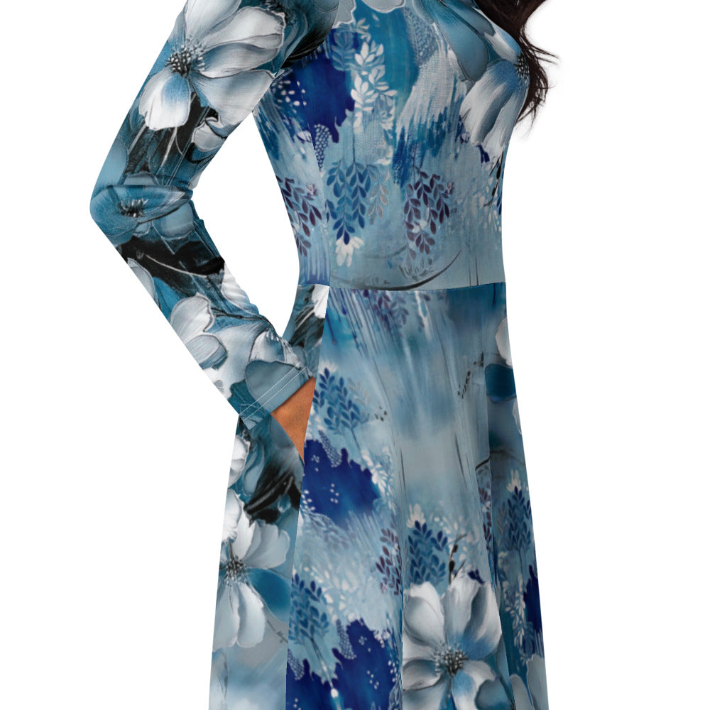 All-over print long sleeve midi dress 59C