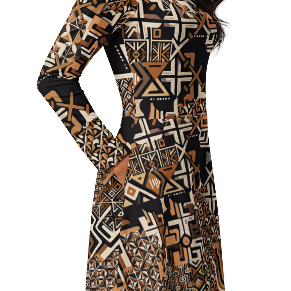 All-over print long sleeve midi dress 174