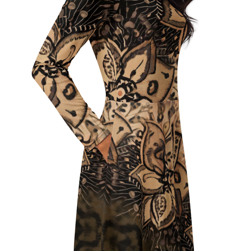 All-over print long sleeve midi dress 152D