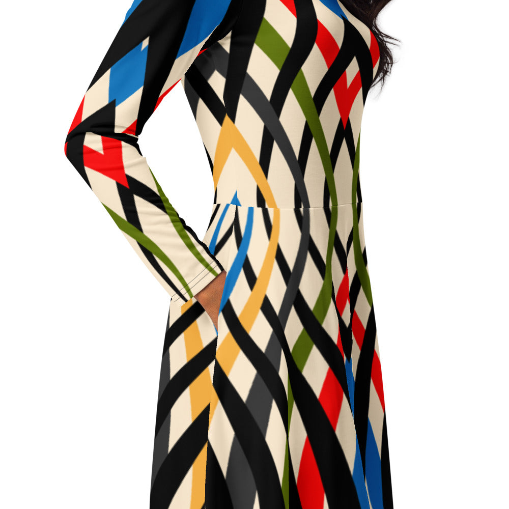 All-over print long sleeve midi dress 119B2