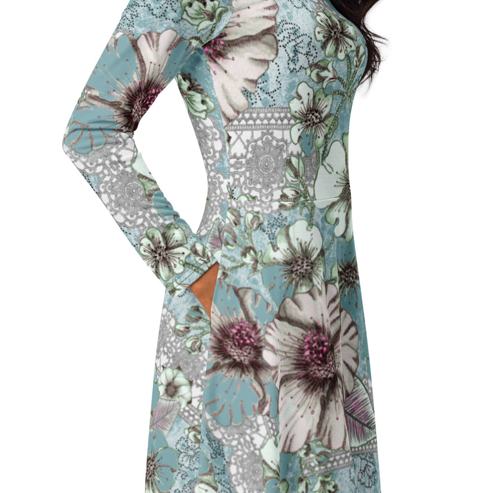 All-over print long sleeve midi dress Belle Bkl3