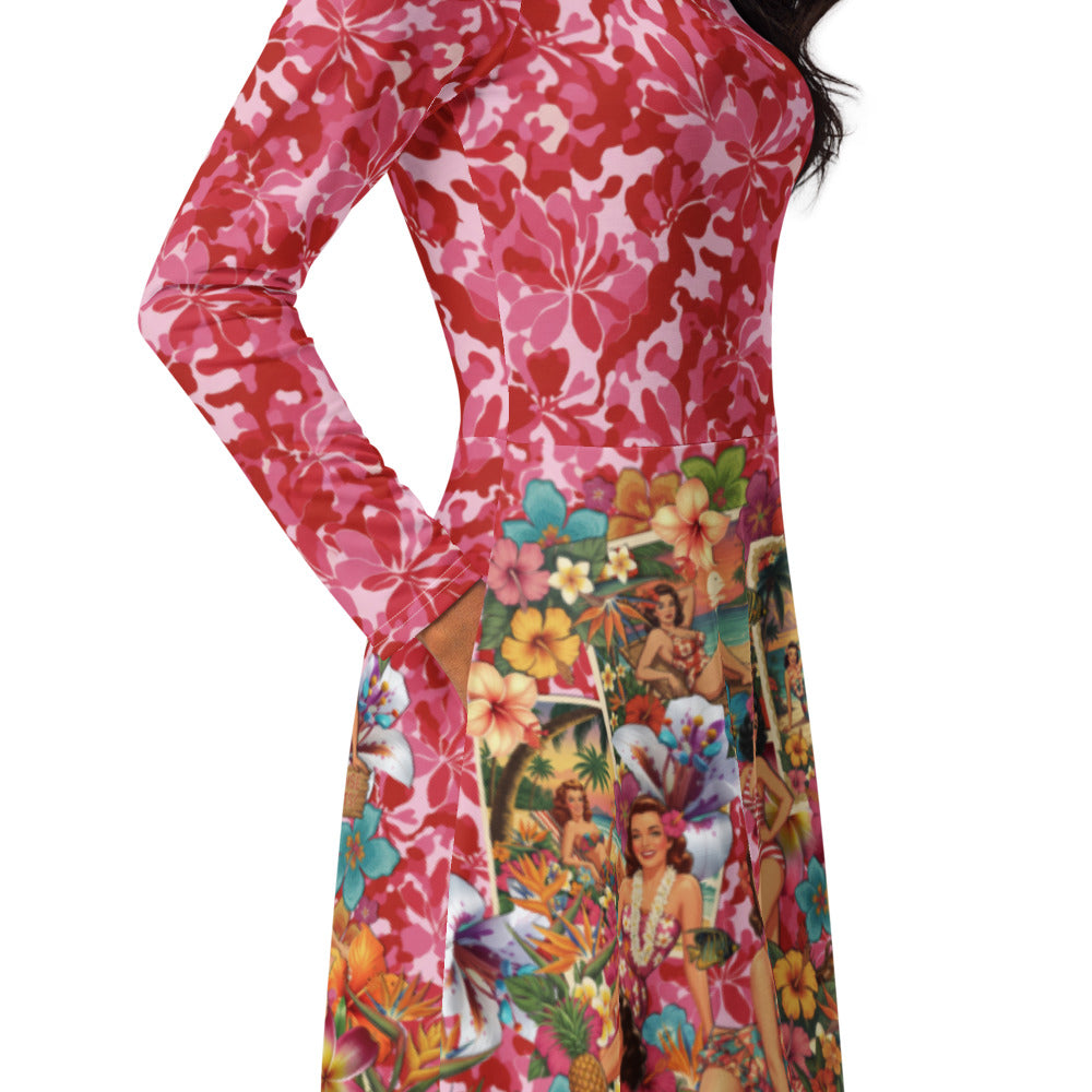 All-over print long sleeve midi dress 297Ckl2b