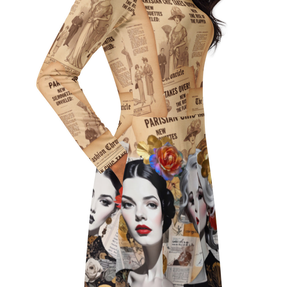 All-over print long sleeve midi dress 306Akl1