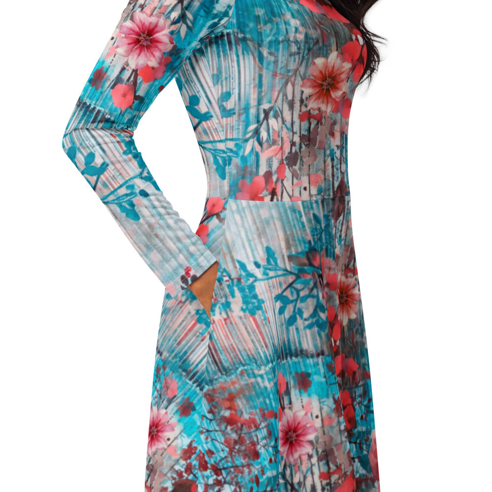All-over print long sleeve midi dress 315C