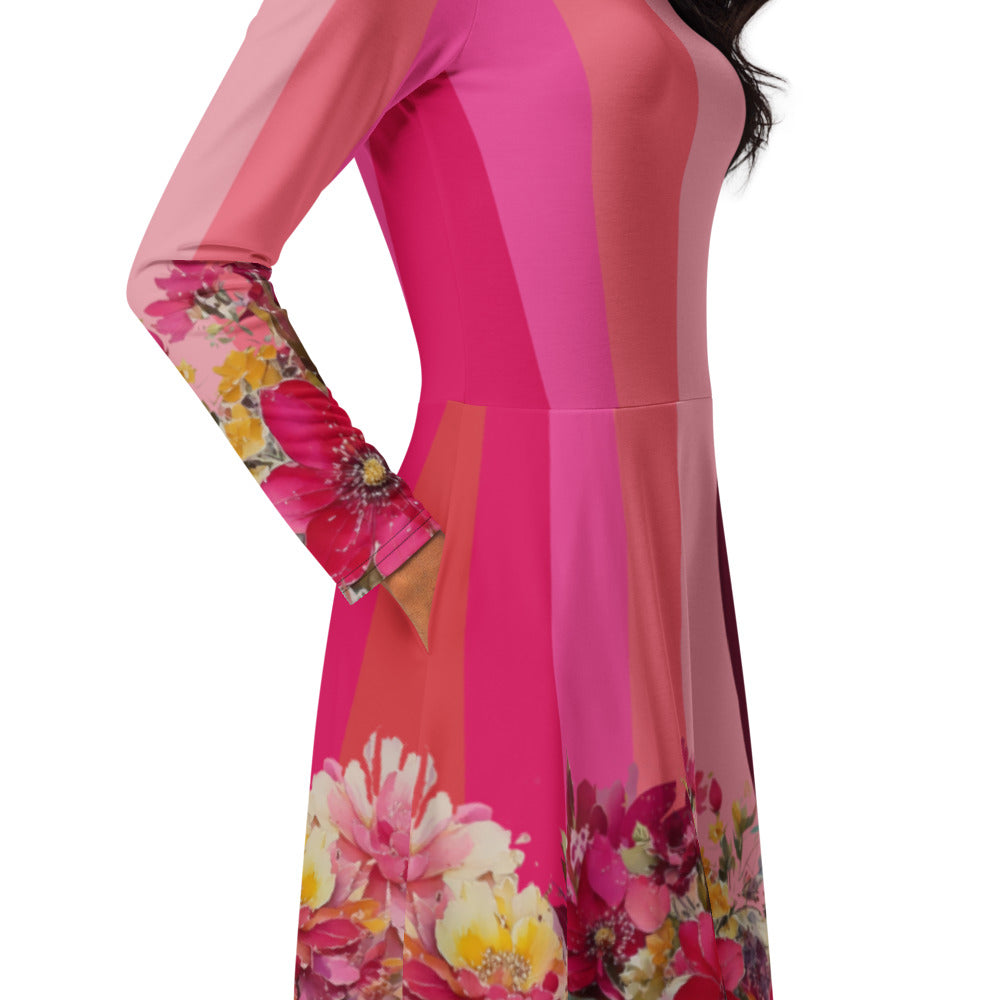 All-over print long sleeve midi dress 318C