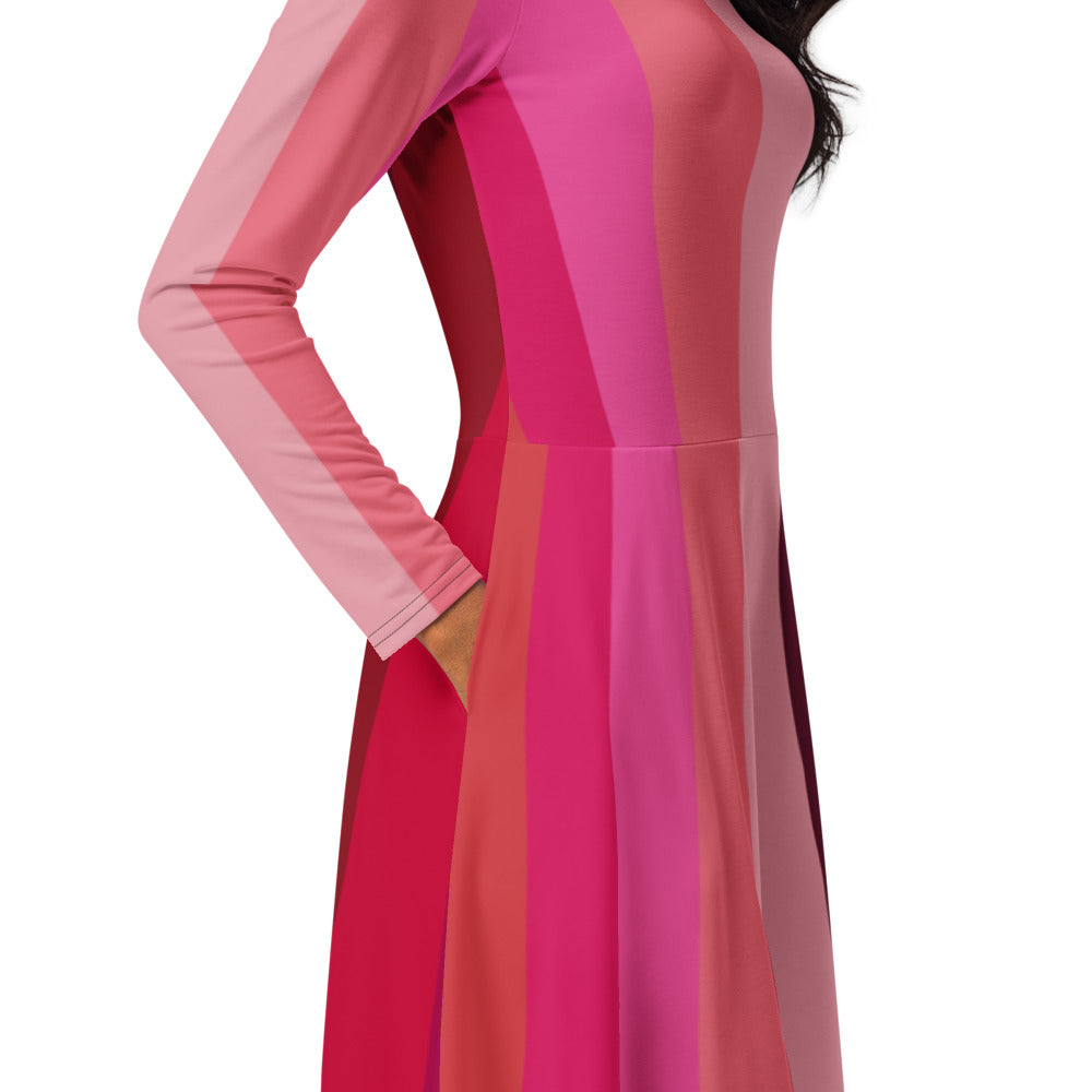 All-over print long sleeve midi dress 318B