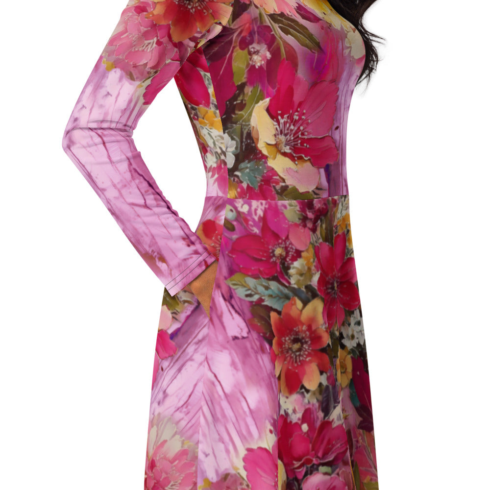 All-over print long sleeve midi dress 318