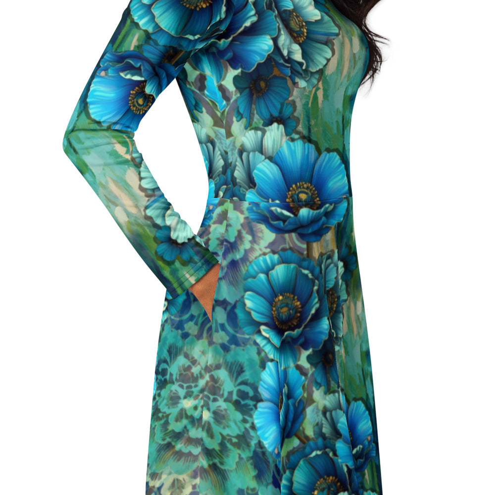 All-over print long sleeve midi dress 317