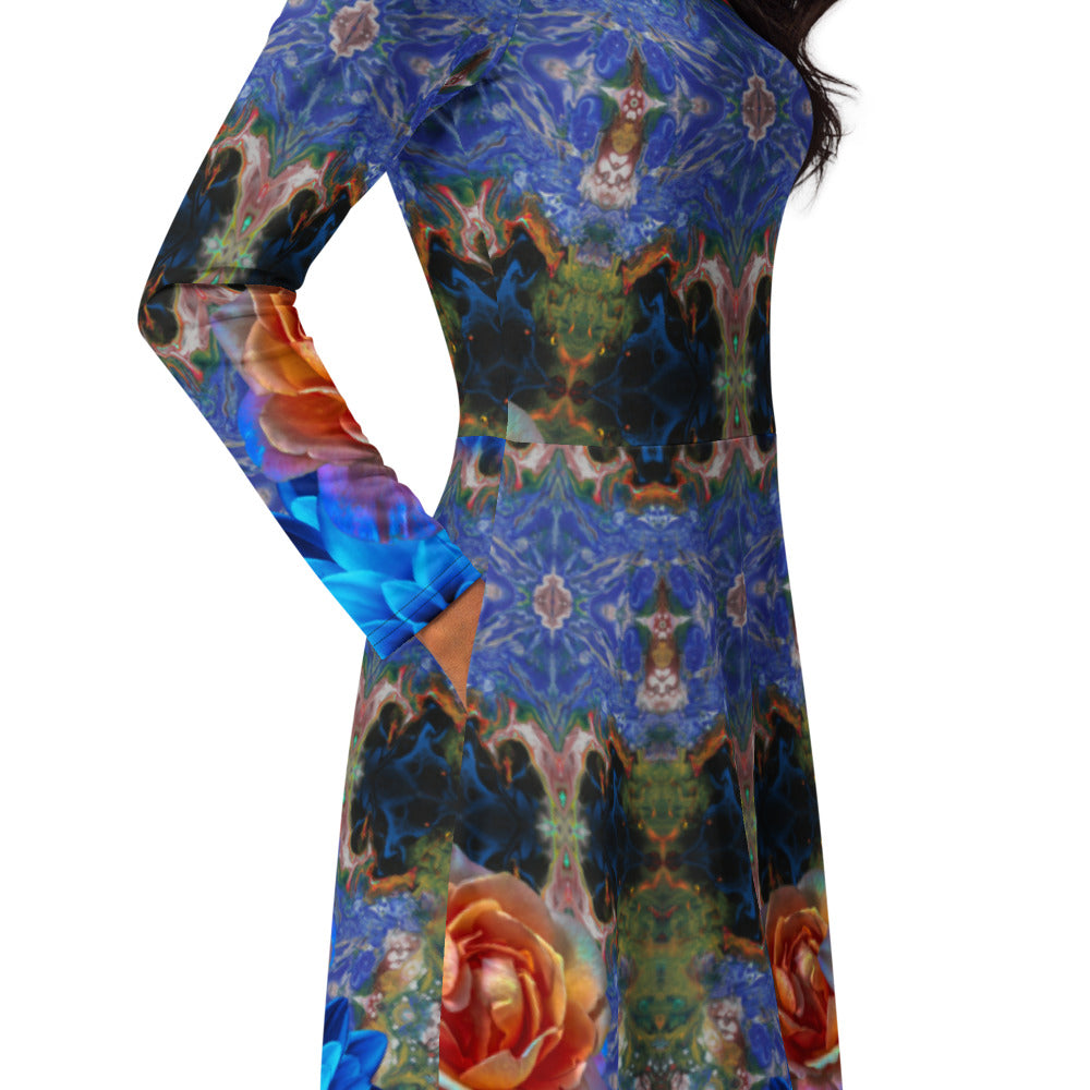 All-over print long sleeve midi dress 326kl1