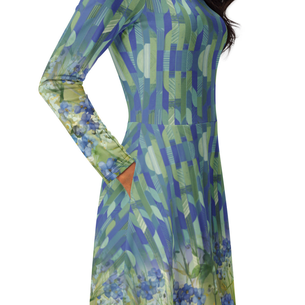 All-over print long sleeve midi dress 321Bkl3c