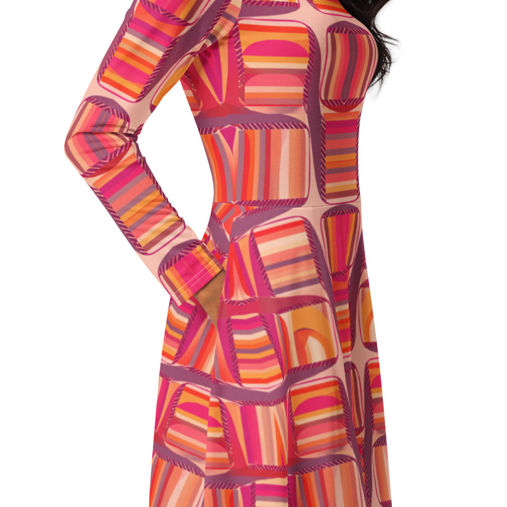 All-over print long sleeve midi dress 325Bkl2