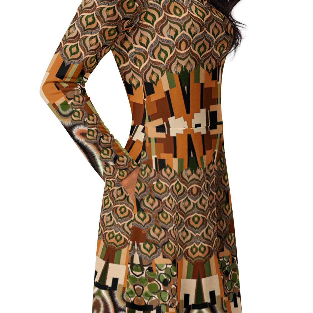 All-over print long sleeve midi dress 327kl1