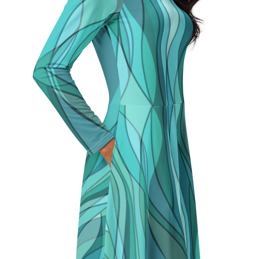 All-over print long sleeve midi dress 337Bkl2