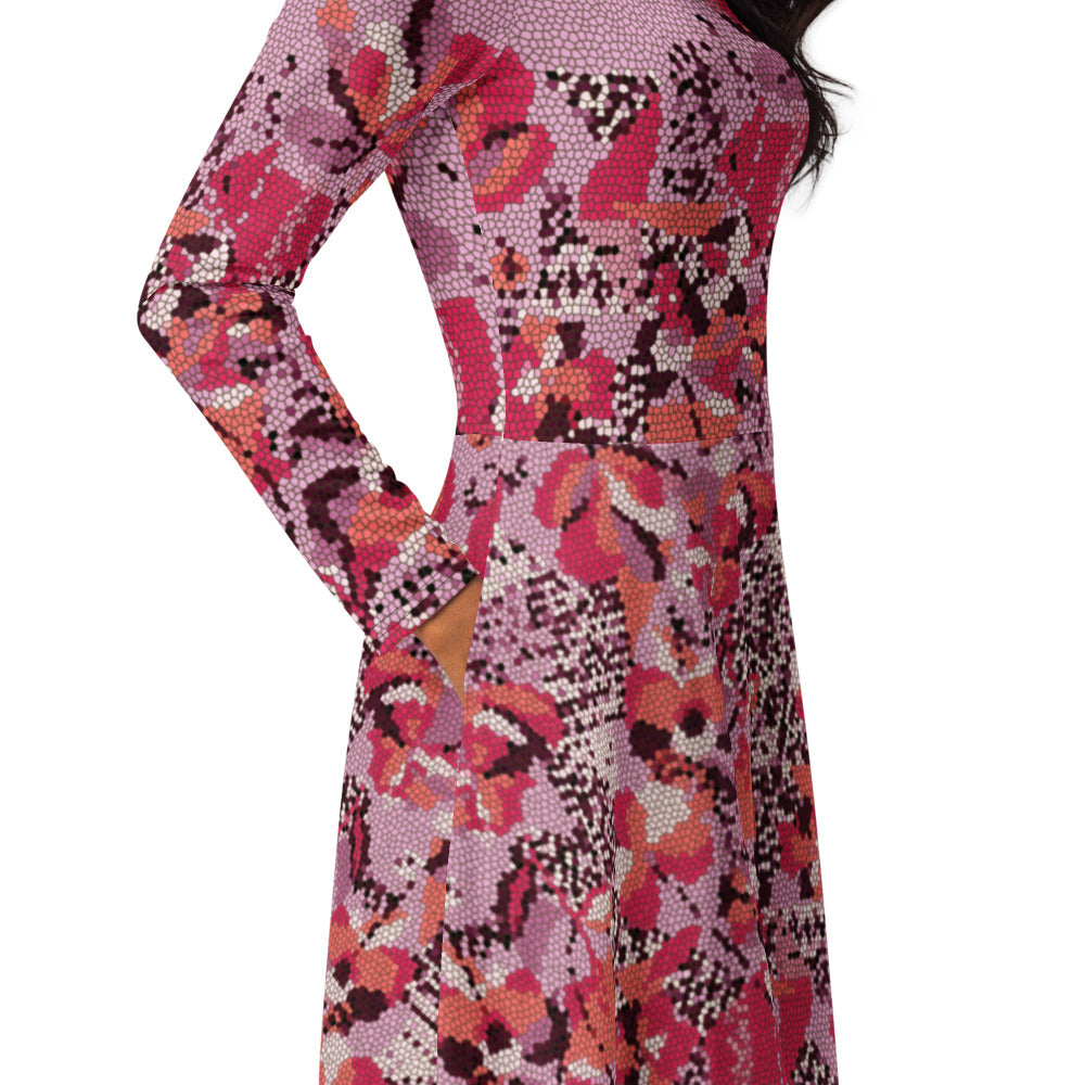 All-over print long sleeve midi dress 342kl2D