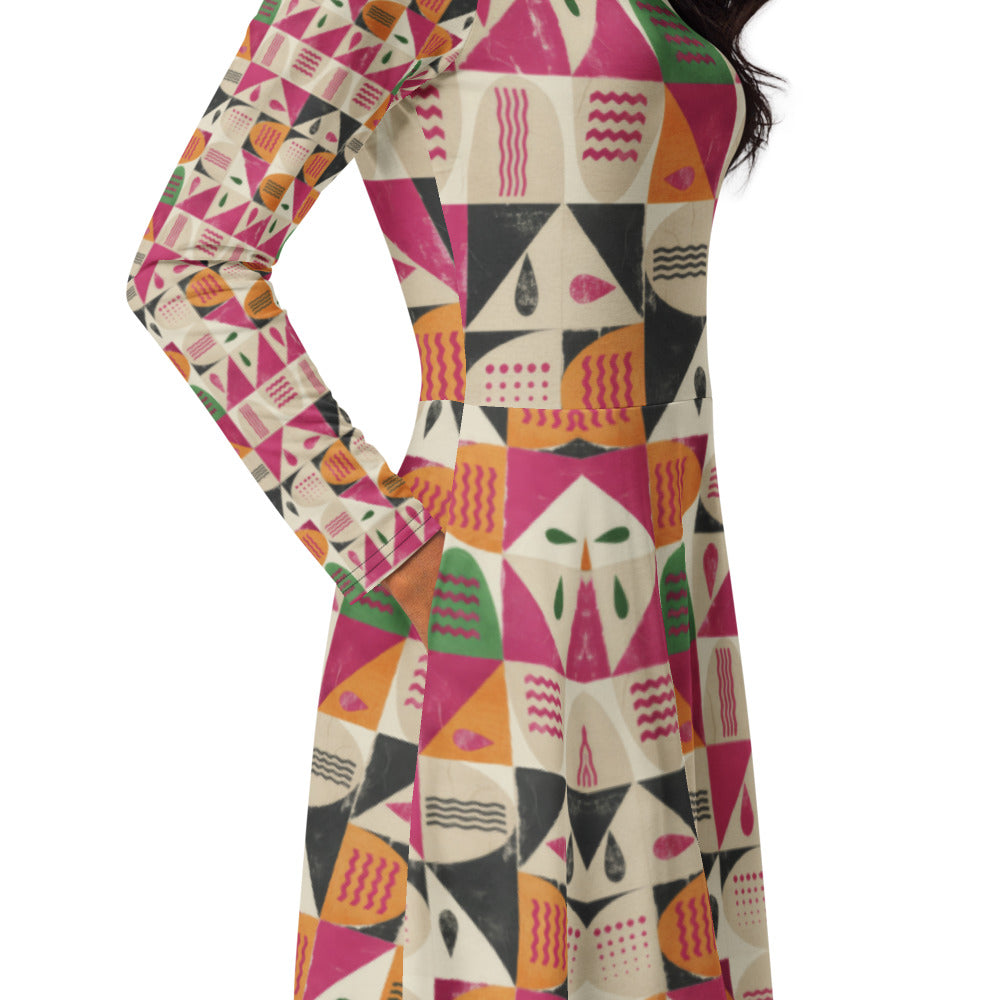 All-over print long sleeve midi dress 343Bkl1