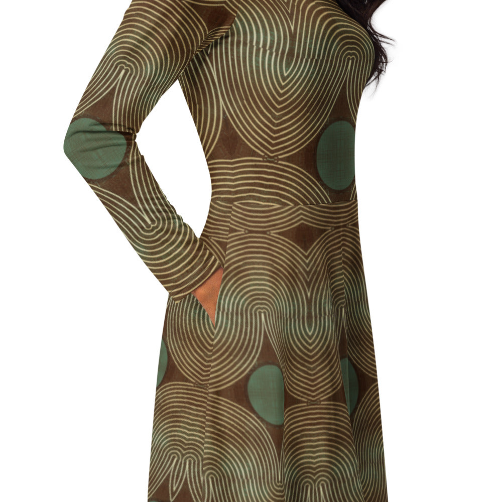 All-over print long sleeve midi dress 345Ckl3