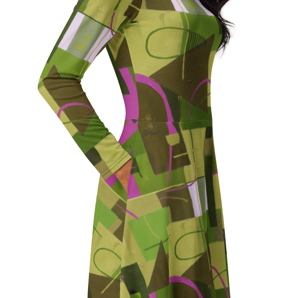 All-over print long sleeve midi dress 346kl2
