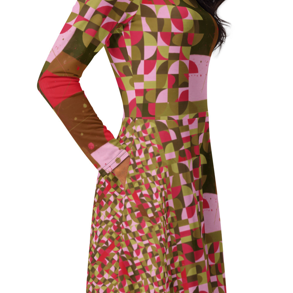 All-over print long sleeve midi dress 347Bkl4