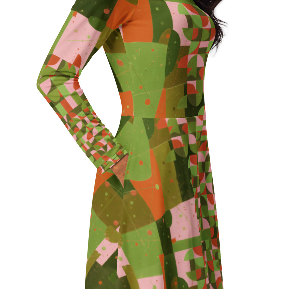 All-over print long sleeve midi dress 347Bkl6