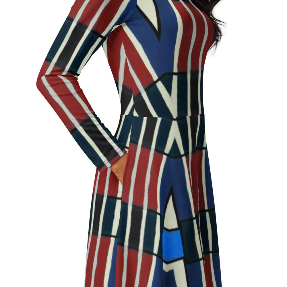 All-over print long sleeve midi dress 349Dkl3
