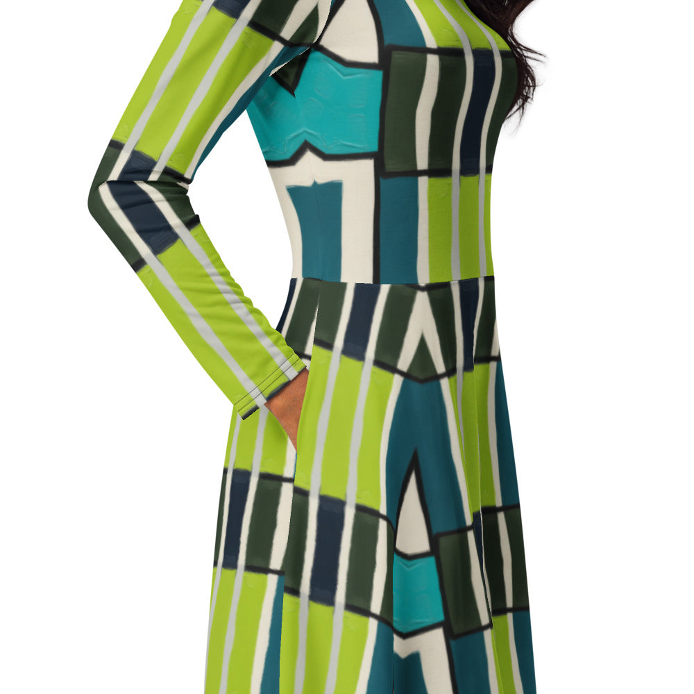 All-over print long sleeve midi dress 349Dkl1